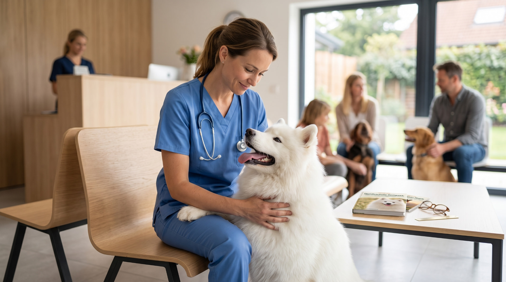 Tierärztin mit einem weißen Hund in einer modernen Praxis