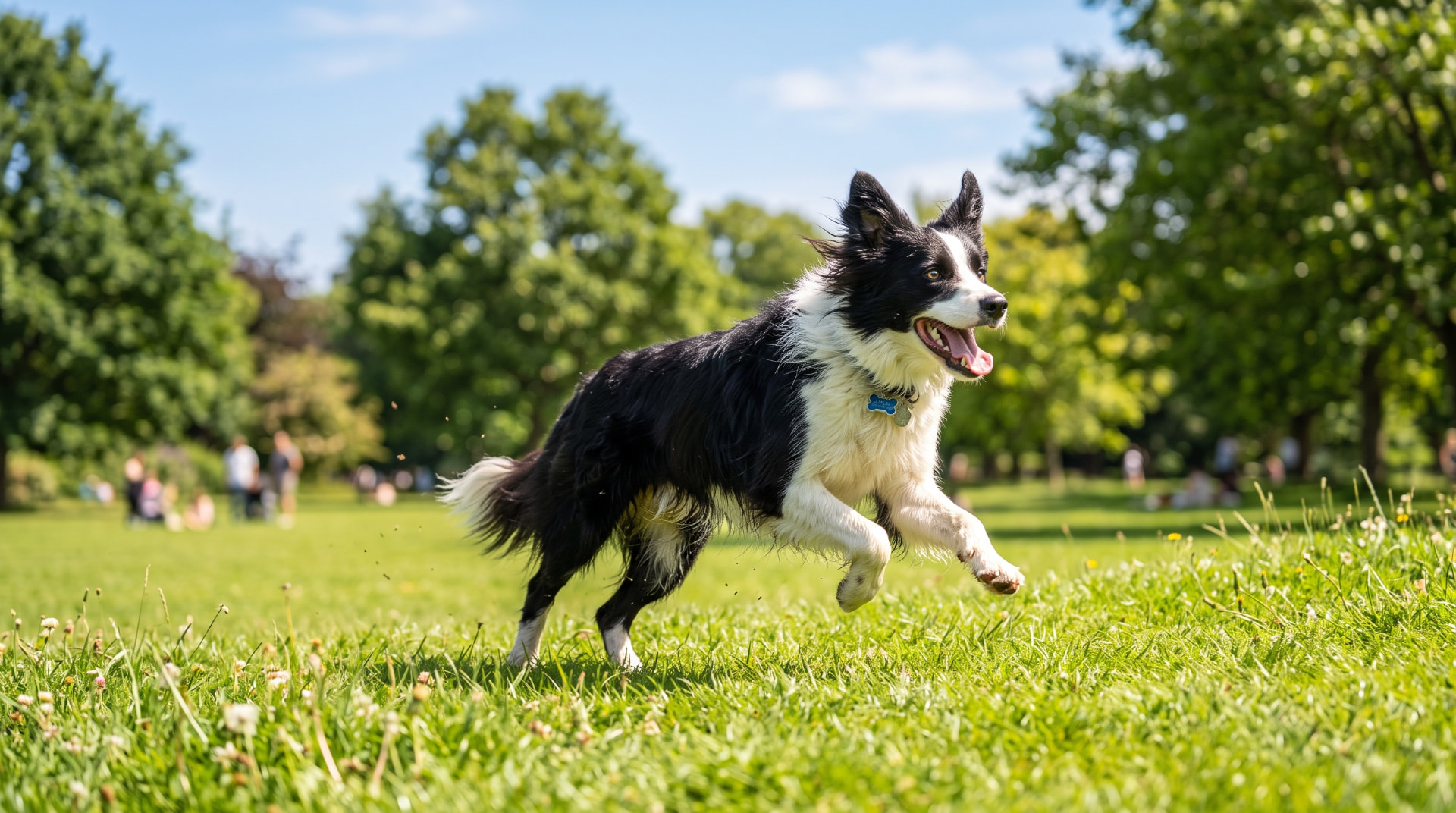 Border Collie rennt über eine sonnige Wiese im Park