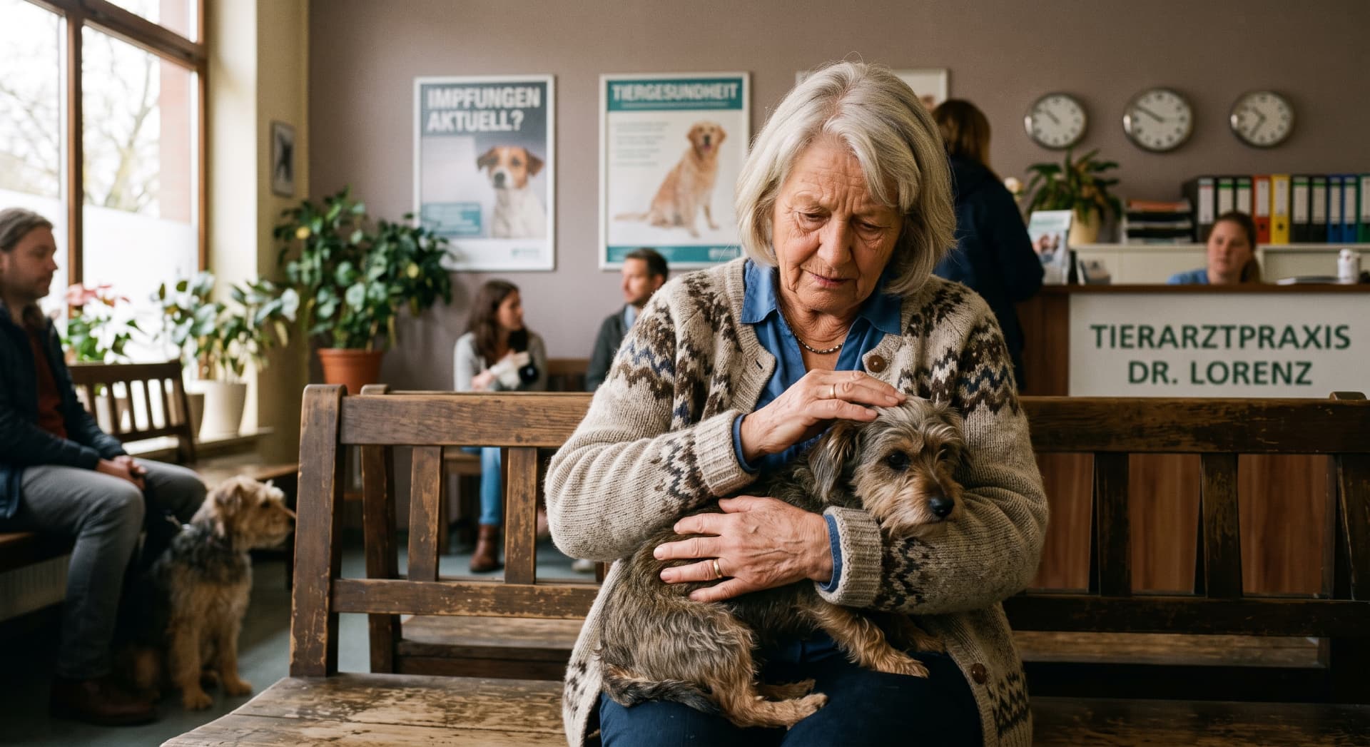 Rentnerin wartet mit ihrem kleinen Hund in einer Tierarztpraxis