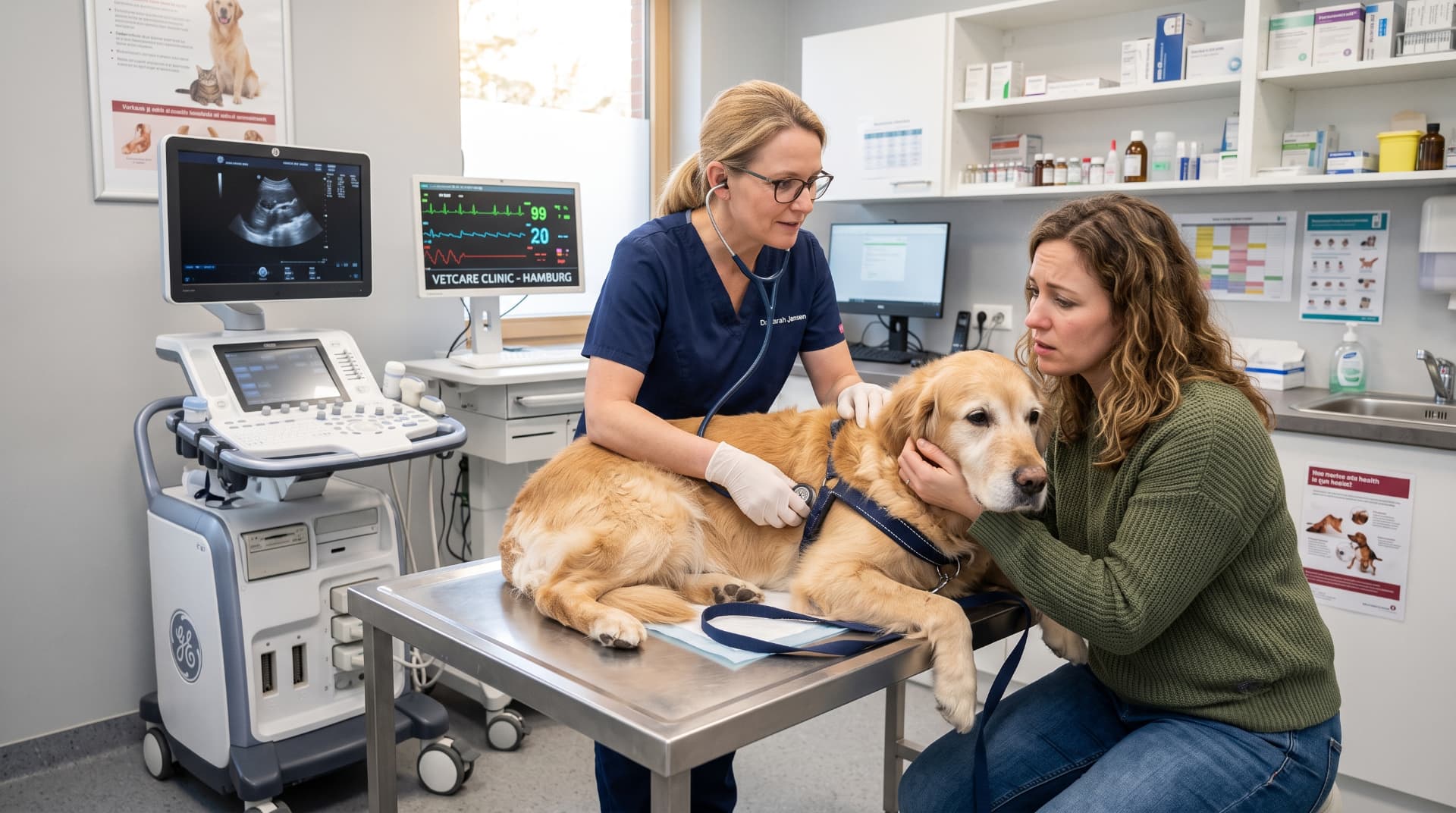 Tierärztin untersucht einen Hund mit Ultraschall in der Praxis