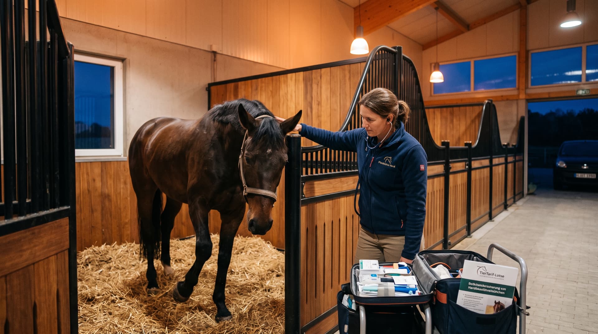 Tierärztin untersucht ein Pferd abends in der Stallbox
