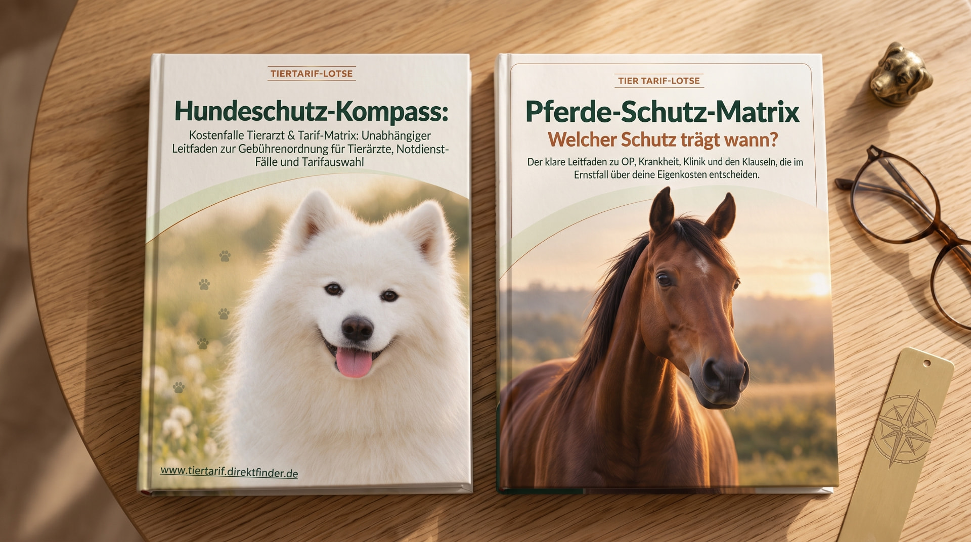 Kostenlose Ratgeber Hundeschutz-Kompass und Pferde-Schutz-Matrix auf einem Tisch