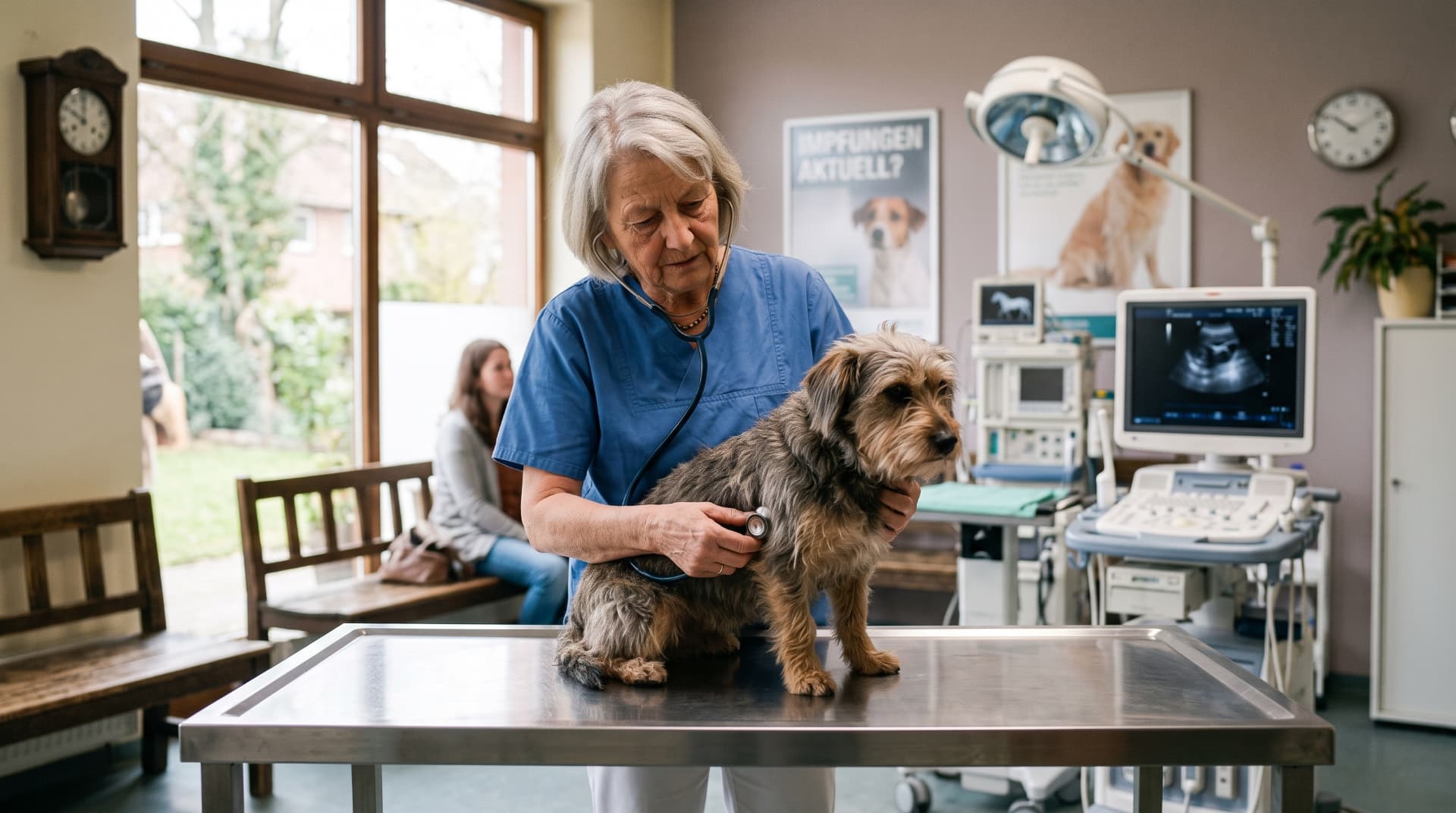 Tierärztin untersucht einen Hund in einer modern ausgestatteten Tierarztpraxis