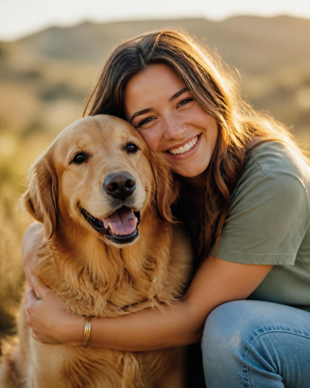 Hundehalterin umarmt ihren Golden Retriever im Abendlicht